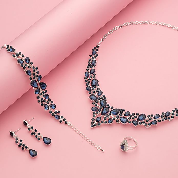 Crystal Bridal Wedding Jewelry Sets for Women Rhinestone Teardrop Crystal Statement Choker Necklace Drop Earrings Link Bracelets Rings Teardrop Jewelry Set for Brides Bridesmaids