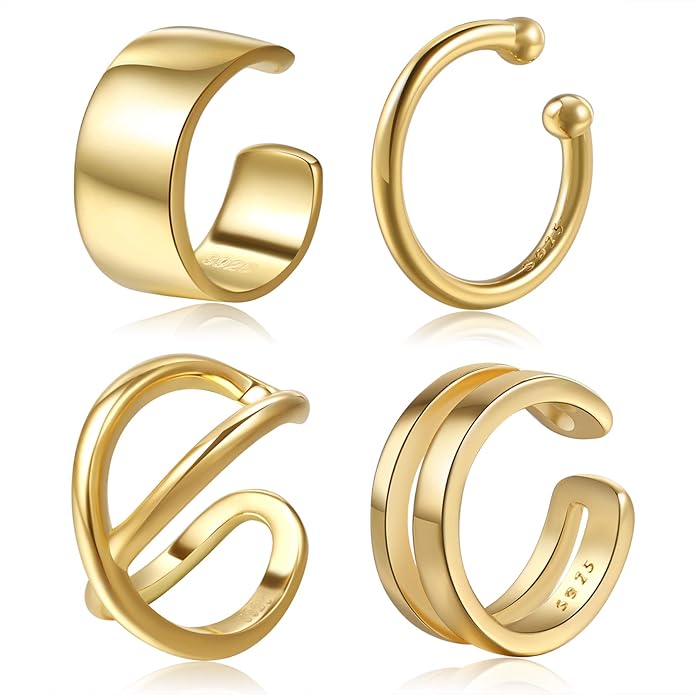 CHIC & ARTSY 925 Sterling Silver Ear Cuffs for Women, Non Piercing Clip On Cartilage Cuffs, Adjustable Fake Conch & Helix Earrings, Gold Plated & Oxidized Various Styles