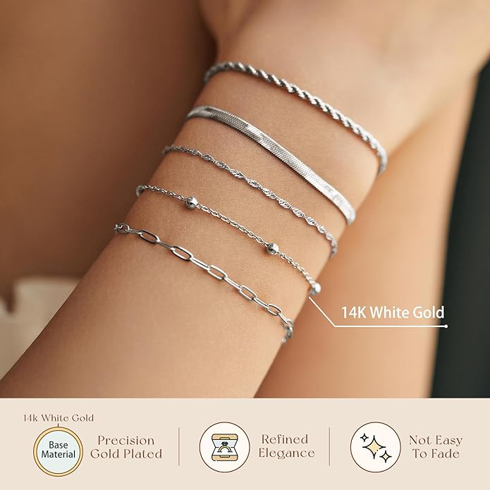 adoyi Valentines Day Gifts for Her Gold Bracelets for Women, 14K Gold Plated Stackable Bracelet Stack Set Adjustable Charm Paperclip Chain Cuban Link Layered Waterproof Jewelry Sets Gifts for Womens