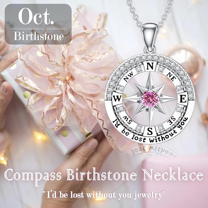 Compass Birthstone Necklace Gift for 2025 Graduation 925 Sterling Silver Compass ‘I'd be Lost Without You’ Pendant Necklaces Jewelry for Women Her Wife Gift for Birthday Anniversary
