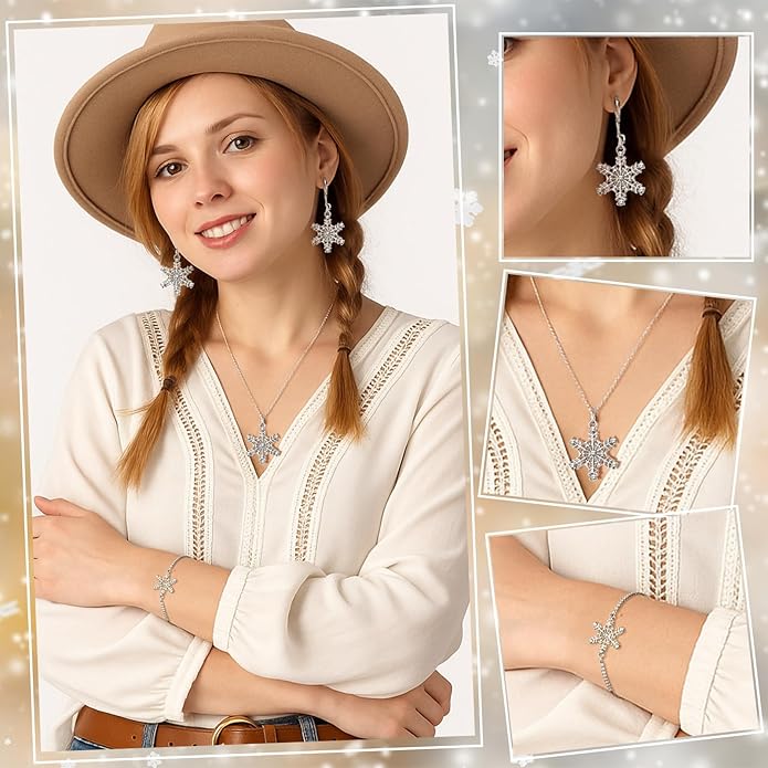 Bucherry 3 Pcs Heart Jewelry Set Bow Snowflake Jewelry Heart Pendant Chain Toggle Necklace with Bracelet Earrings Snowflake Stainless Steel Link Chain for Women Gift