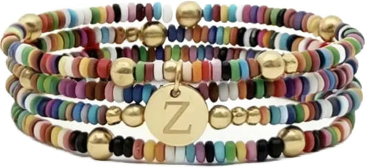 Set of 4 Colorful Bead Initial Bracelets, Personalized Stackable Jewelry, Adjustable Stretchy Charm Bracelets for Women, Beaded Bracelet Set, Trendy Custom Jewelry Gift