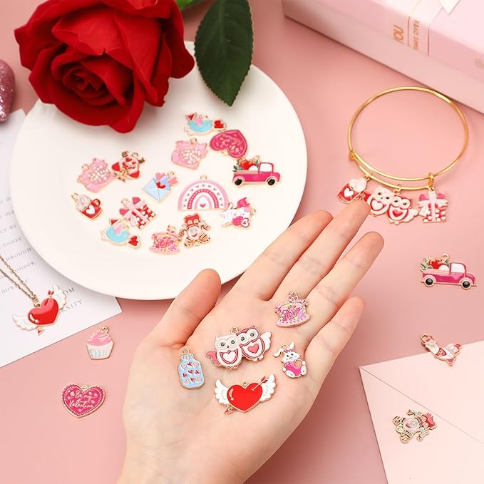 MARFOREVER 40 Pcs/20 Pairs Valentines Charms for Jewelry Making, Heart Charms for Jewelry Making Gold Enamel Red Pink Romantic Love Charm Pendants for Valentine's Day Bracelet Necklace Earrings Making