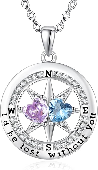 Compass Necklace for Women, Exquisite S925 Valentines Day Anniversary Birthday Gifts for Wife Her Double Birthstone Pendant Jewelry ‘I'd be Lost Without You’