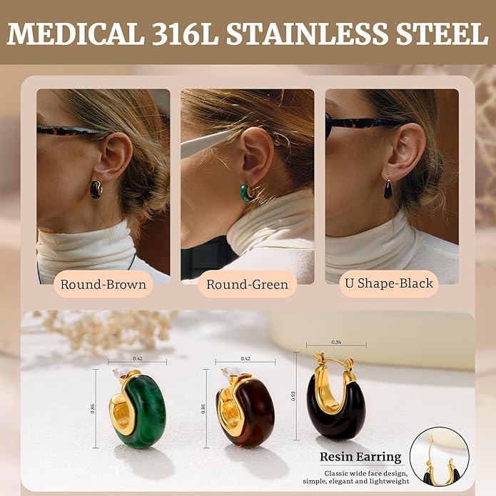 Fullpop Vintage Earrings for Women, Chunky 14K Gold Plated Resin Hoop Earrings Lightweight Hollow Drop Earrings Hypoallergenic Earrings for Women Vintage Anthropologie Jewelry Gifts for Women