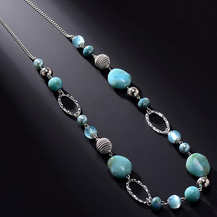 BULINLIN Beaded Long Necklace for Women Silver Sweater Chain Necklace with Crystal Resin Beads, Fashion Jewelry Necklace