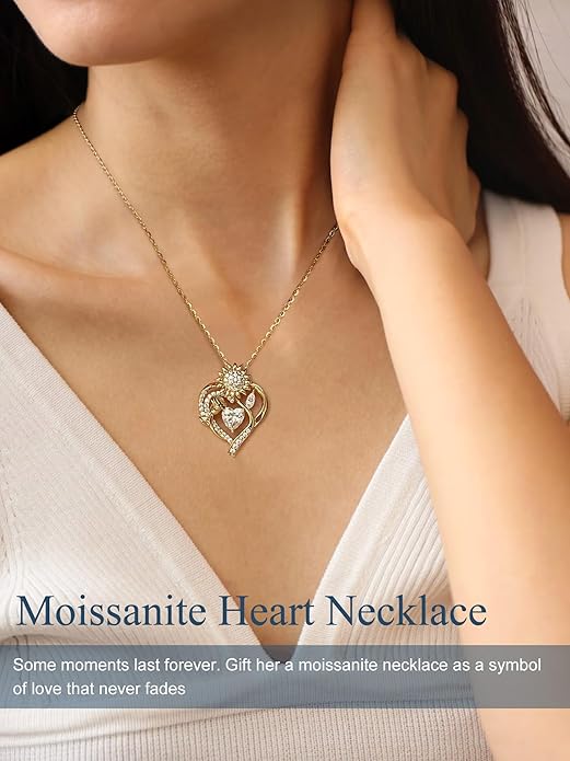 S925 Silver Moissanite Necklaces for Women, Anniversary Birthday Gifts for Wife Mom Her, Christmas Jewelry Gifts for Her, Moissanite Heart Pendant, Sunflower Heart Necklace