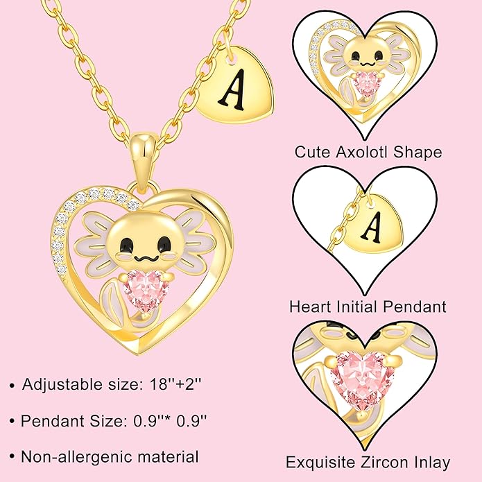 C-leen Axolotl Valentines Day Gifts for Her, 14K Gold Plated Axolotl Initial Necklace Cute Heart Initial Pendant Necklaces Birthday Valentines Day Gifts for Kids Girls Women