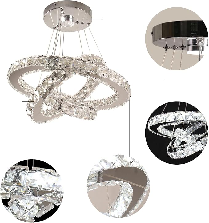 Dixun Dimmable LED Chandeliers Modern Ceiling Light Fixture 3 Rings Adjustable Stainless Steel Pendant Light Chandelier for Bedrooms Living Room