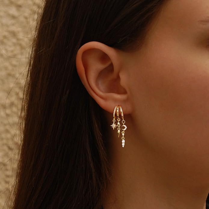 Dangle Earrings For Women,Dainty 14K Gold Plated Hypoallergenic Small Triple Huggie Hoop Earring Gothic Cute Cross Moon Star Drop Earrings For Women Trendy Gold Statement Stud Earring Jewelry