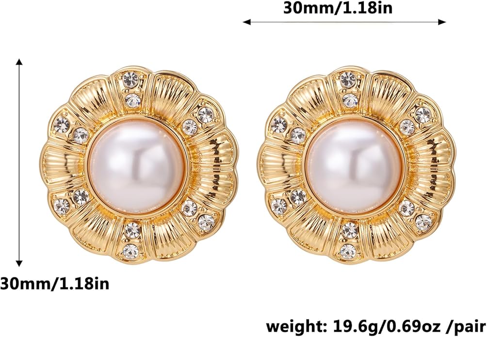 Statement Chunky Gold Earrings for Women,Crystal Rhinestone Accents Large Stud with Stone and Pearl