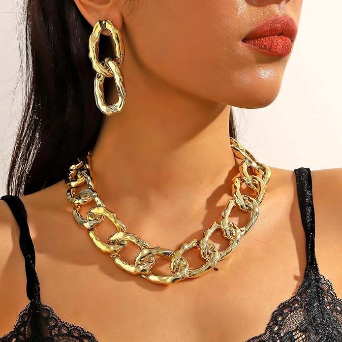 YOOESTORES82 Acrylic Gold Chunky Chain Necklace Earrings Set for Women,Punk Short Thick Wide Cuban Link Choker Necklaces Trendy Drop Dangle Earring Jewelry Set
