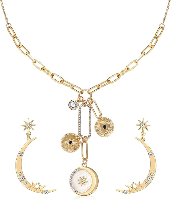 MISS RIGHT Dainty Gold Evil Eye Hamsa Hand Coin Lucky Charm Pendant Necklace for Women Trendy Vintage Paperclip Chain Sun Moon Clover Flower Chunky Charm Necklace Jewelry Gifts