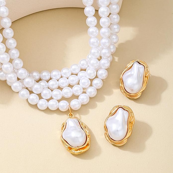 Chunky Pearl Necklaces for Women Gold Pearl Choker Necklace and Earrings Set Pearls Set Jewelry for Women