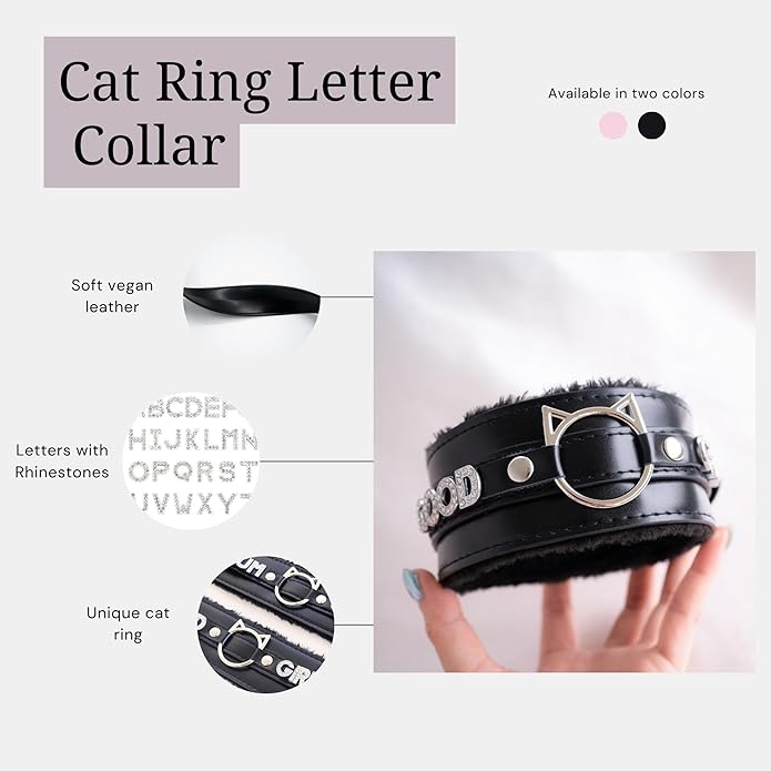 Handmade Collar Choker Necklace for Women – Cat Ear O-Ring Punk Goth Letter Choker,Black/Pink Furry Alt Fashion Jewelry