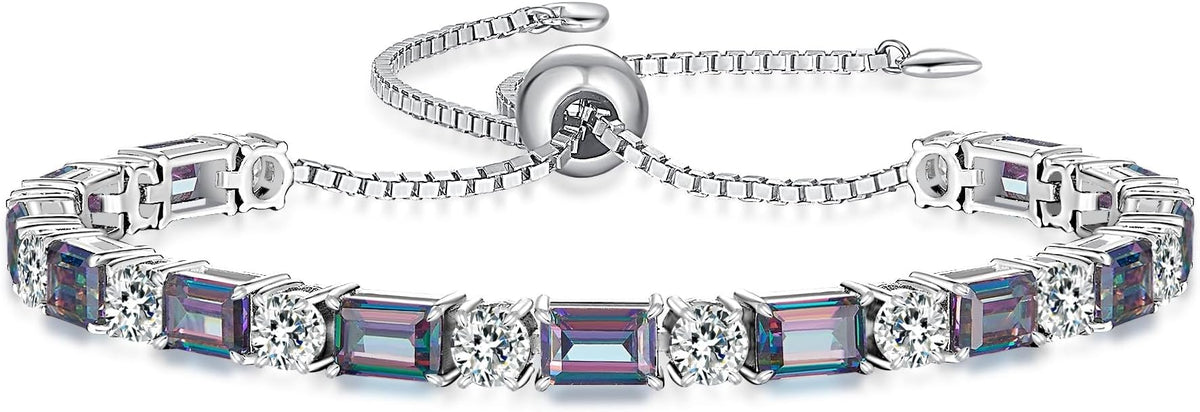 Birthstone Tennis Bracelets for Women White Gold Sterling Silver Gemstone Bracelets Adjustable Chain 6-9 Inchs Jewelry Anniversary Birthday Gifts for Women Mom Wife Her