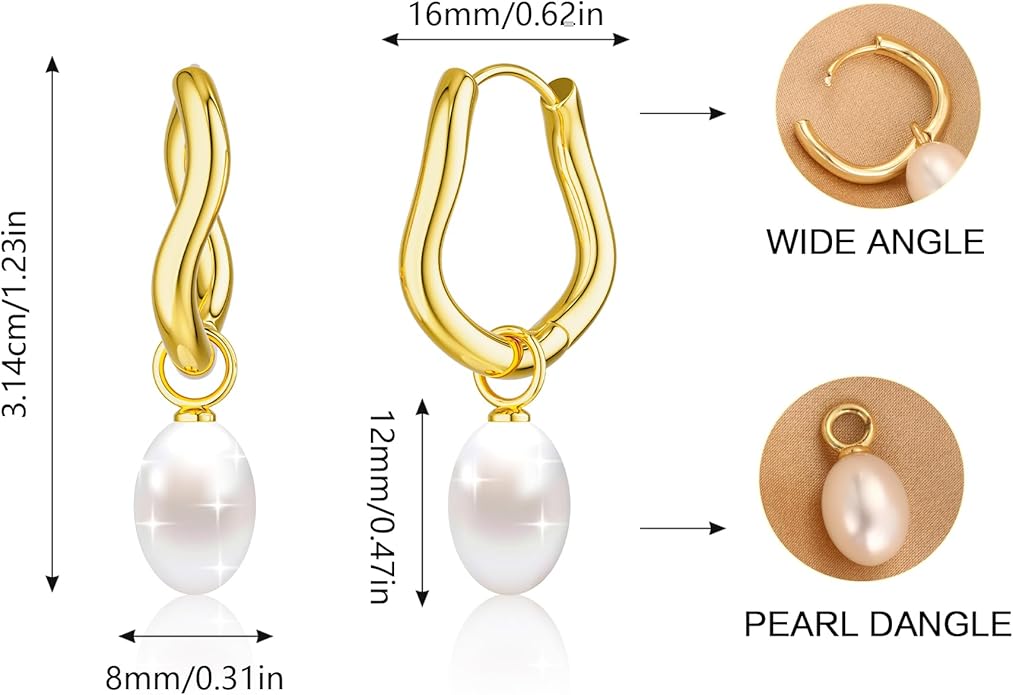 Gold Pearl Dangle Earrings for Women, 14K Gold Plated Small Pearl Drop Huggie Hoop Earrings, Hypoallergenic Dainty Gold Earrings Wedding Jewelry Gifts for Women Trendy