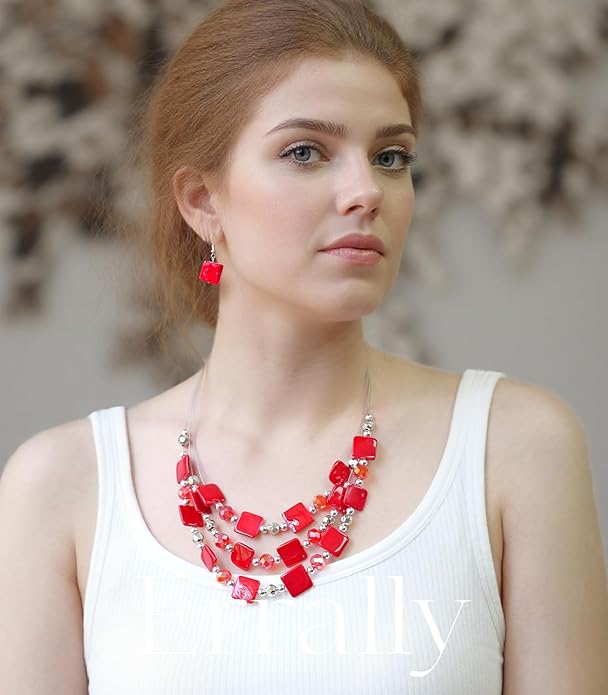 Layered Beaded Statement Necklaces for Women Square Shell Bead Collar Necklace and Earring Set Birthday Gifts Boho Jewelry Sets for Women