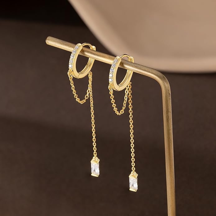 Reffeer 925 Sterling Silver CZ Chain Hoop Earrings Dangle for Women Teens Dangle Earrings Chain Drop Earrings Huggie