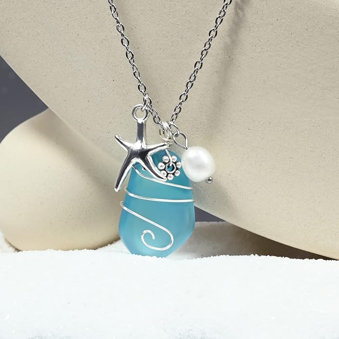 Sea Glass Necklace, Wire Wrapped Beach Necklaces, Sea Glass Jewelry, Handmade Blue Beach Jewelry for Women Trendy