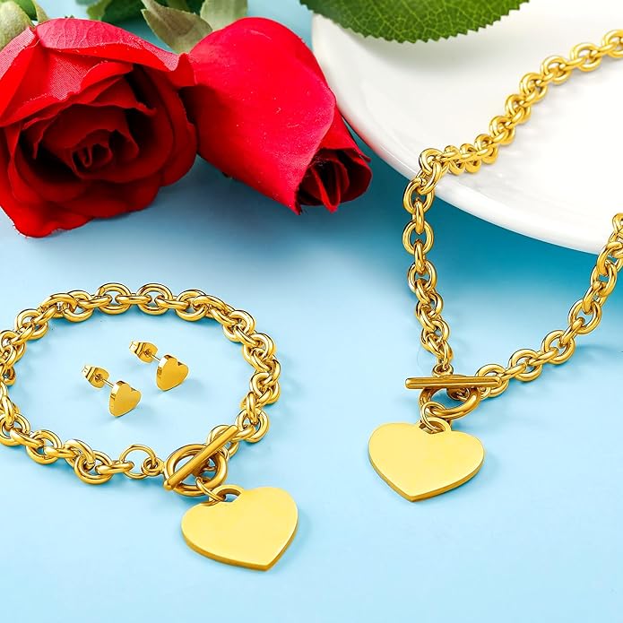 Bucherry 3 Pcs Heart Jewelry Set Bow Snowflake Jewelry Heart Pendant Chain Toggle Necklace with Bracelet Earrings Snowflake Stainless Steel Link Chain for Women Gift