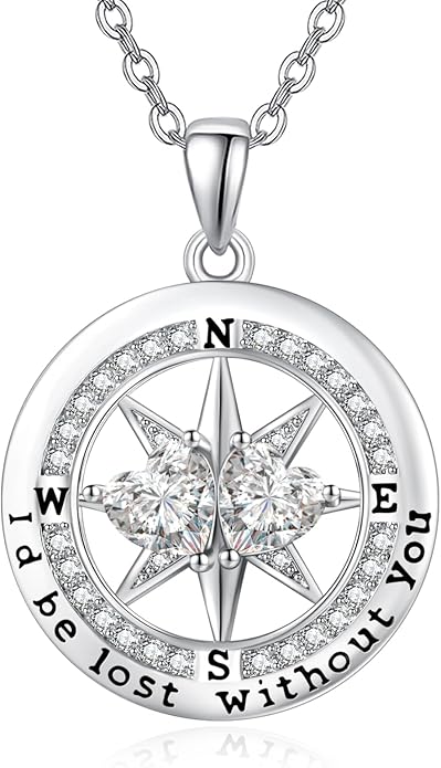 Compass Necklace for Women, Exquisite S925 Valentines Day Anniversary Birthday Gifts for Wife Her Double Birthstone Pendant Jewelry ‘I'd be Lost Without You’