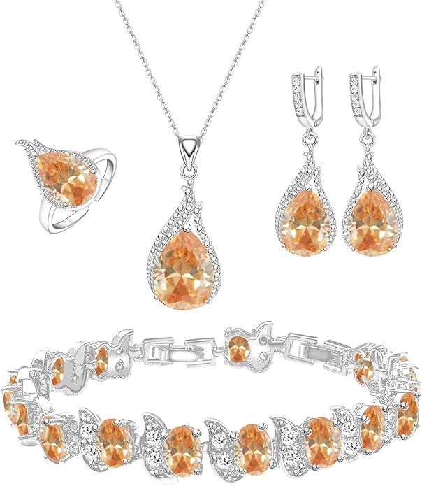 LMXXVJ Jewelry Set for Women,Teardrop Cubic Zirconia Necklace Earrings Adjustable Ring Bracelet Jewelry Set Formal Jewelry Gift