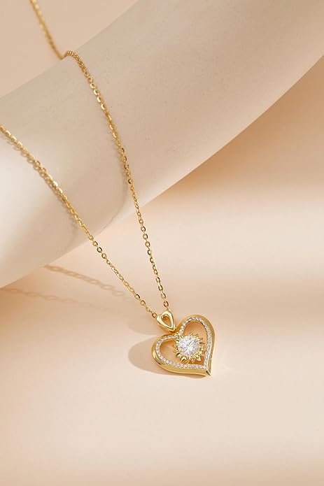 Sunflower Moissanite Heart Necklace for Women, Anniversary Birthday Gift for Wife, S925 Silver Moissanite Lab-Created Gem Jewelry for Her Girlfriend Mom