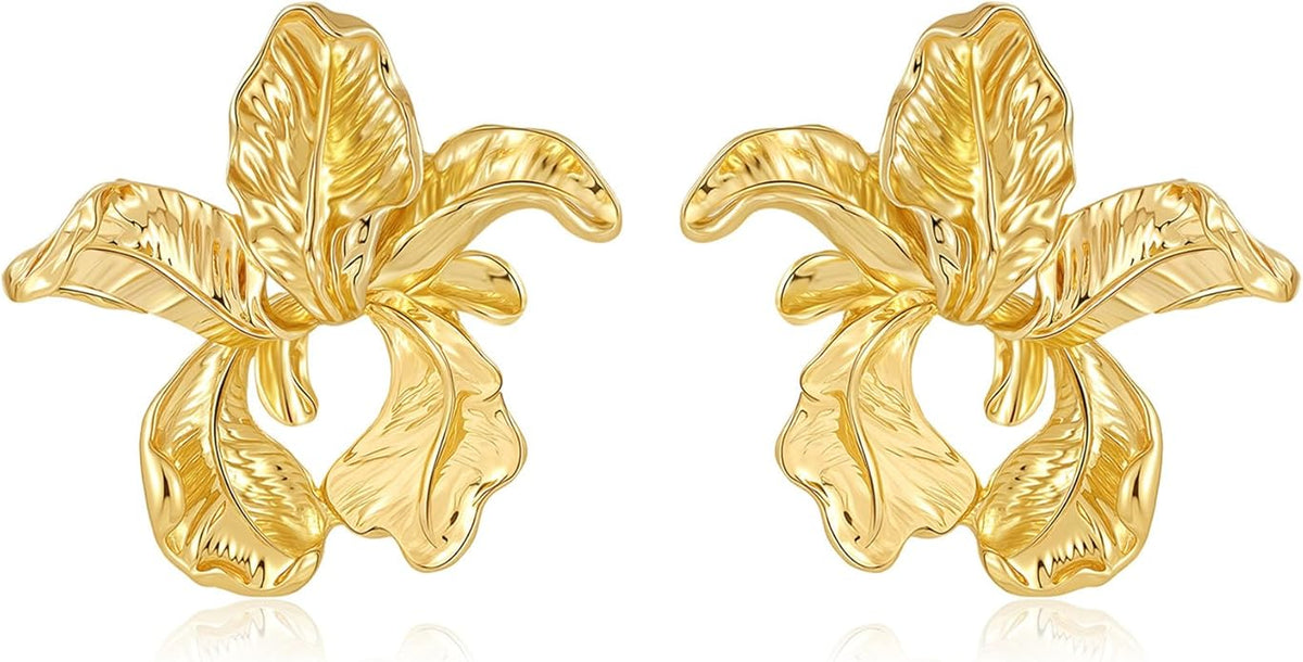 Gold Flower Statement Earrings for Women, Large Chunky Bohomian Summer Beach Floral Earring, Irregular Bold Exaggerated Earrings