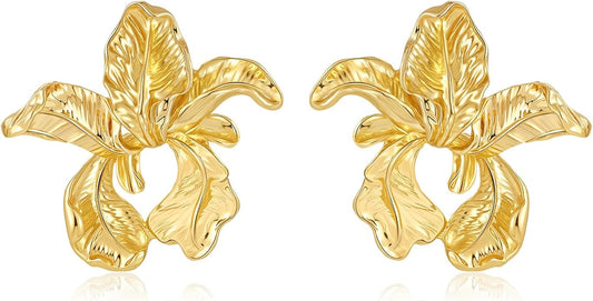 Gold Flower Statement Earrings for Women, Large Chunky Bohomian Summer Beach Floral Earring, Irregular Bold Exaggerated Earrings