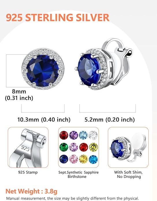 Silvora 925 Silver 8MM Cubic Zirconia Birthstone Clip On Stud Earrings Round Non Pierced Earrings For Women,Come with Box