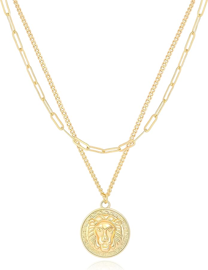 Aobei Pearl 18K Gold Plated Moon Star Lion Evil Eye Love Heart Cross Pendant Necklace Medallion Paperclip Chian Choker Layering Jewery for Women