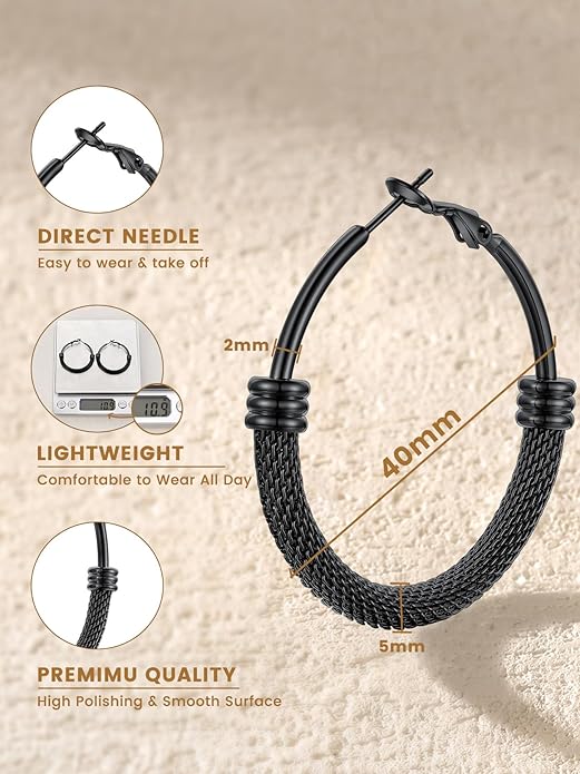 KeyStyle Mesh Hoop Earrings for Women, Stainless Steel Gold Hoops Earring Lightweight Loops, 2MM Thick Hypoallergenic Circle Endless Hollow Hoop 20mm-80mm