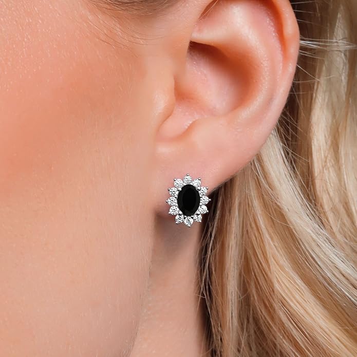 Gem Stone King 7X5MM Oval Gemstone Birthstone Stud Earrings For Women | Princess Diana Royal Halo Style | 925 Sterling Silver | Fine Jewelry Gifts for Anniversary Wedding Her Mom Women Wife