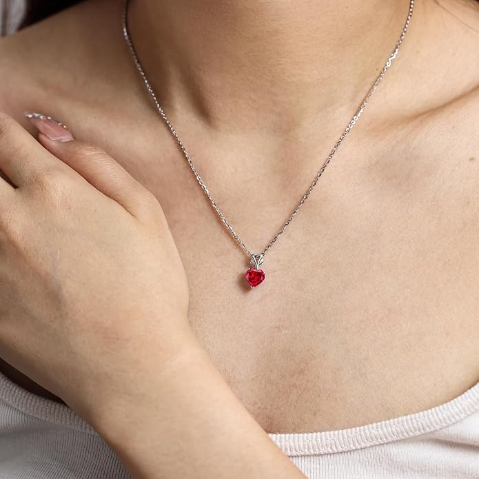 Agvana Valentines Day Gifts 14K White Gold Gemstone Pendant with Sterling Silver Chain 8mm Heart Birthstone Necklace for Women Fine Jewelry Anniversary Birthday Gifts for Women Mom Wife Girlfriend Her