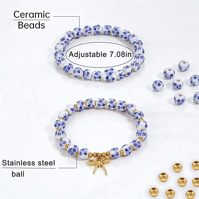 Butterfly Charm Bracelet Set - Blue and White Porcelain Beaded, Adjustable Vintage Stretch Bracelets for Women, Handmade Dainty Jewelry Gift