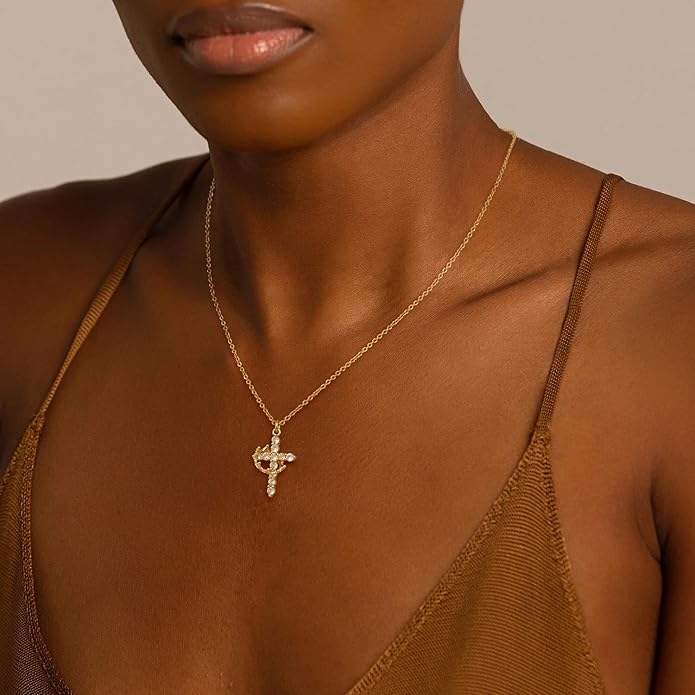 Tewiky Christian Gift Stocking Stuffers Cross Necklace for women-Dainty 14k Gold Plated/Silver Plated Pendant Necklaces Simple Cute Tiny Necklace Jewelry for Women
