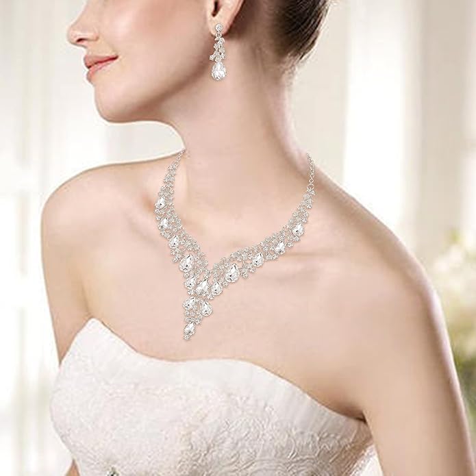 BriLove Women's Wedding Bridal Austrian Crystal Teardrop Flower Cluster Statement Necklace Dangle Earrings Jewelry Set for Party Prom