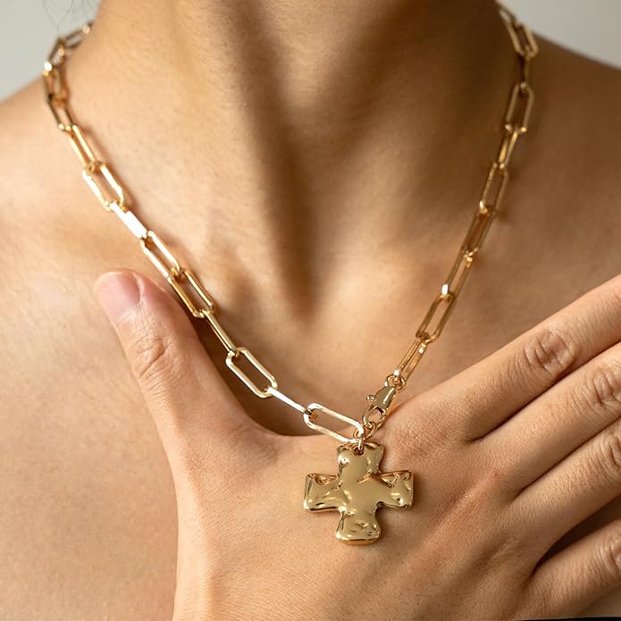 Gold Chunky Cross Necklace for Women - Statement Layered Hammered Cross Pendant Jewelry with Vintage Toggle Clasp, Bold Paperclip Chain Necklace Gift for Her