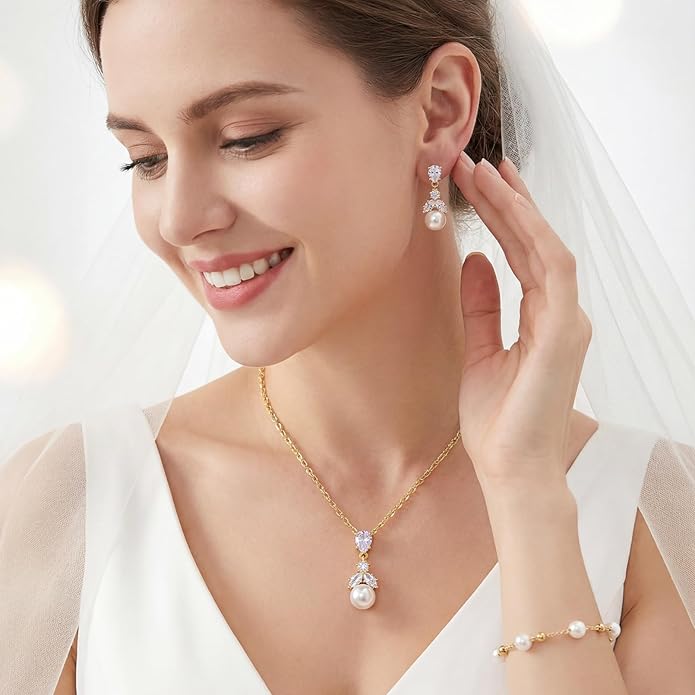 Hadskiss Wedding Jewelry Sets for Women/Brides/Bridesmaids, Cubic Zirconia Pearl Necklace Earrings Bracelet Set 18K Gold Plated Hypoallergenic Jewelry for Wedding Prom Party