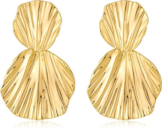 Gold Plated Earrings Dangle Chunky Fan-shaped Earrings Shell Earring for Women Two-Tone Fashion Statement Jewelry