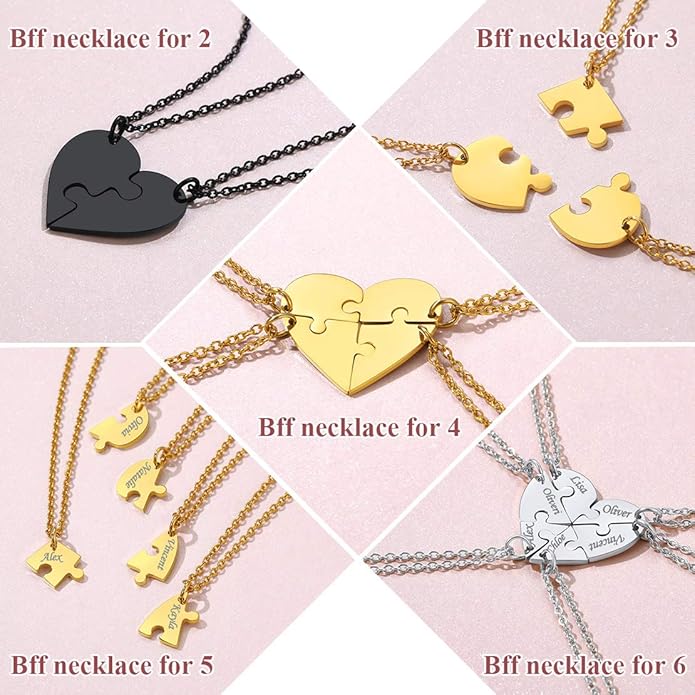 FindChic Personalized Matching BFF Necklace for 2/3/4/5/6 Puzzle Name Heart Pendant Stainless Steel Couple Necklace Set Customized Necklaces for Teen Girls