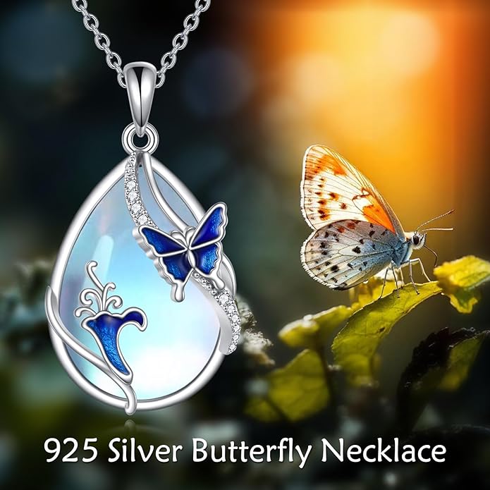 KQF Dragonfly/Butterlfy/Cat/Jellyfish/Bunny/Axolotl/Bee/Mermaid/Hummingbird/Elephant Necklace for Women Sterling Silver Moonstone Pendant Necklace Dragonfly Jewelry Gifts for Women
