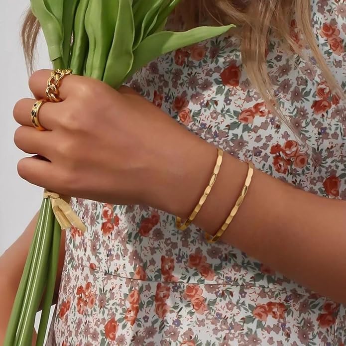 PERNNLA PEARL Dainty Gold Bar Bracelet for Women Simple Delicate Thin Cuff Bangle Hook Bracelet 18K Gold Plated Handmade Minimalist Jewelry