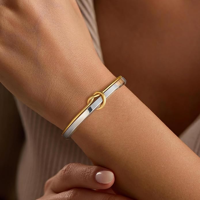 Turandoss Gold Knot Bangle Bracelets for Women - Dainty 18K Gold Plated Cuff Bangle Bracelets for Women Trendy Personalized Open Love Knot Bracelet Adjustable Cuff Bracelet Valentine Gifts for Her
