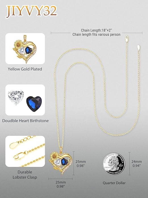 Sunflower Heart Necklace for Women 14K Gold Exquisite Valentines Day Anniversary Birthday Gifts for Wife Mother Her Double Birthstone Pendant Jewelry‘You Are My Sunshine’