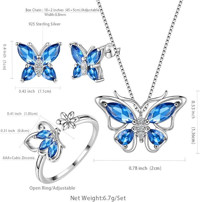 Aurora Tears Butterfly Jewelry,Women 925 Sterling Silver Butterflies Birthstone Pendant Necklace/Earrings/Rings Wedding Gift