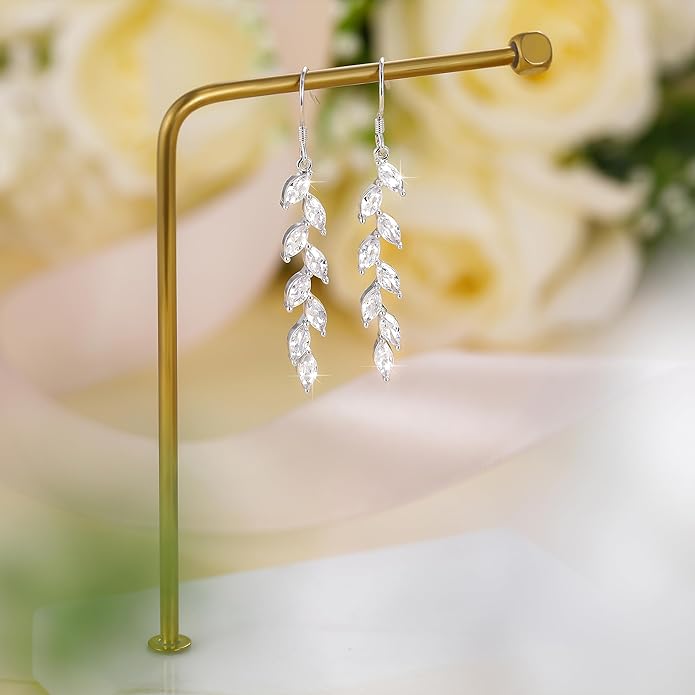 EAMTI Silver Dangle Earrings for Women Cubic Zirconia Marquise Bridal Wedding Earrings 925 Sterling Silver Post Engagement Earring