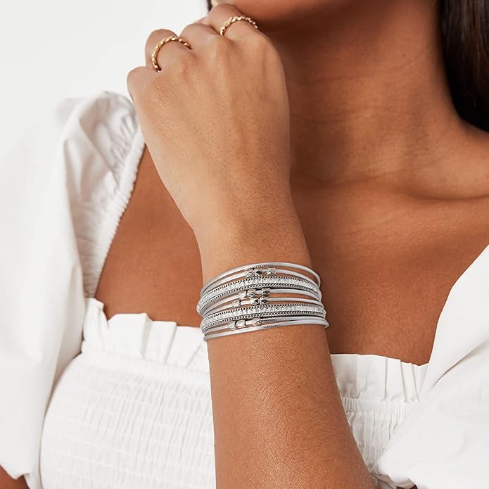 Wowanoo 3Pack Leather Cuff Bracelet Set Multilayer Wrap Bracelet Crystal Feather Tree Bracelet Magnetic Clasp Bracelet for Women
