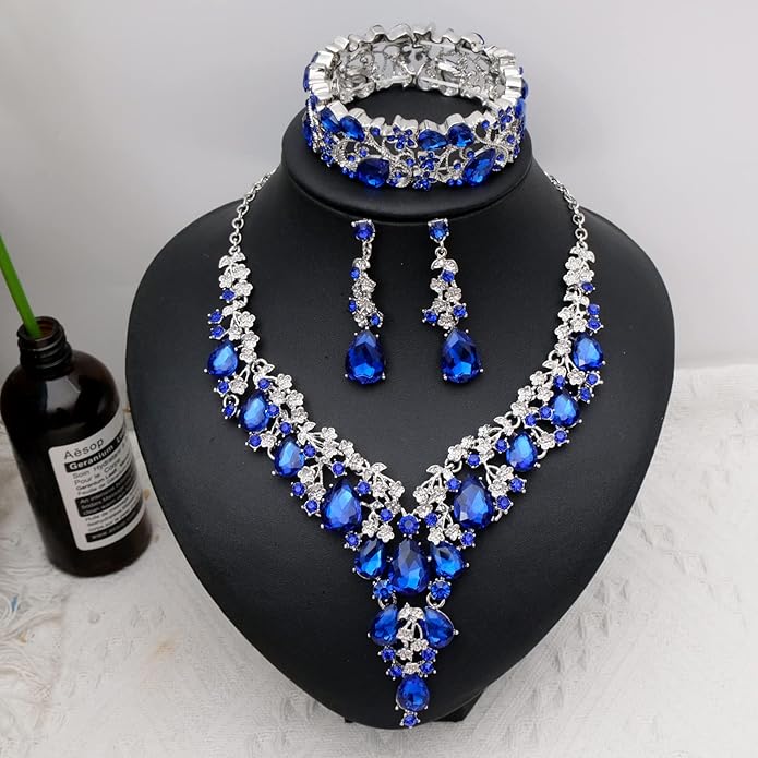 CSY Elegant Crystal Costume Jewelry Sets Flower Bridal Necklace Earrings Stretch Bangle Set for Bride Bridesmaid Wedding Dress Accessories